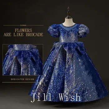Jill Wish Роскошные Блестящие Дубайские Темно-синие Платья Для девочек Вечернее платье принцессы 2023 Арабский Детский День Рождения, Свадебная вечеринка, Театрализованное Представление J039