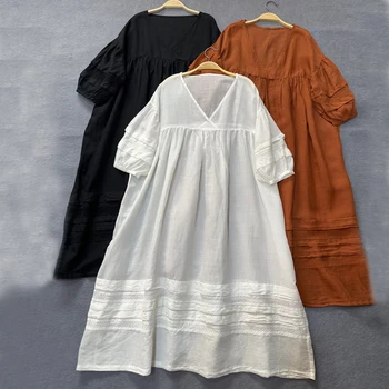 Johnature Mori Винтажные кружевные платья в стиле пэчворк с Рами 2024, Весенние Новые Тонкие Свободные женские платья с V-образным вырезом и однотонными рукавами-фонариками