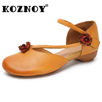 Koznoy/ Женские Летние Кожаные сандалии 3 см, лоферы с аппликацией в виде цветка, крючок из натуральной кожи, Мягкая Дизайнерская удобная модная дышащая обувь на плоской подошве