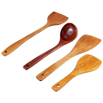 LJL-4шт деревянная лопатка-ложка с антипригарным покрытием, деревянная длинная лопатка для риса, кухонные принадлежности, наборы инструментов для ручной обжарки