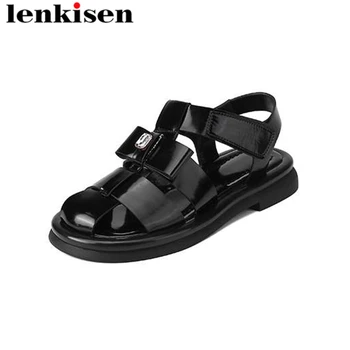 Lenkisen/ Летняя обувь из коровьей кожи с крючком и петлей, открытый носок с узлом-бабочкой, женские босоножки в элегантном стиле на толстой подошве на среднем каблуке, однотонные брендовые сандалии.