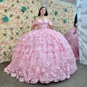 Lorencia Розовые Пышные Платья 2023 Цветочные 3D Аппликации Бисером Бальное Платье С Корсетом Sweet 16 Vestidos De XV Anos YQD397
