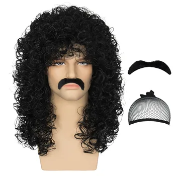 Miss U Hair Мужской парик 70-х 80-х годов, Кефалевый парик, рок-звезда, парики для мужчин, косой парик, Длинный черный кудрявый костюм для вечеринки на Хэллоуин, парик