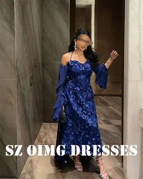 OIMG, новый дизайн, синие платья для выпускного вечера, Саудовские арабские женщины, кружевные аппликации, вечерние платья трапециевидной формы с открытыми плечами, официальное праздничное платье