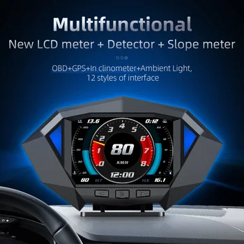 P1 Цифровой HUD Автомобильный Головной дисплей Часы Бортового компьютера Измеритель наклона GPS Спидометр Диагностические инструменты OBD2 Комбинация приборов