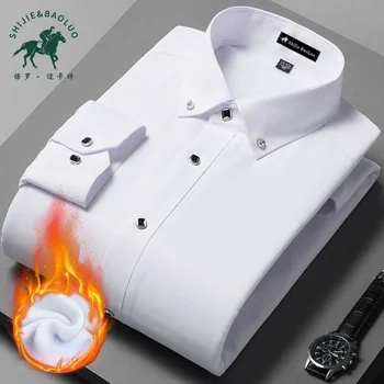 S-4XL, зимняя мужская деловая теплая флисовая рубашка в классическом стиле, однотонная мужская брендовая одежда с длинными рукавами, Белый, черный, синий, розовый