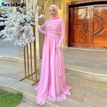 Sevintage Элегантные телесно-розовые мусульманские Арабские платья для выпускного вечера Трапециевидной формы с высоким воротом и длинными рукавами-накидками, официальное вечернее платье, женское вечернее платье
