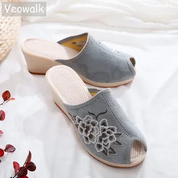 Veowalk Женские жаккардовые хлопковые тапочки с открытым носком, летние женские повседневные удобные туфли с вышивкой на платформе 6,5 см