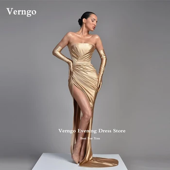 Verngo Сексуальные платья для выпускного вечера с русалочкой цвета шампанского без бретелек, Дубайское арабское женское вечернее платье 2023 года, вечернее платье со складками и высоким разрезом