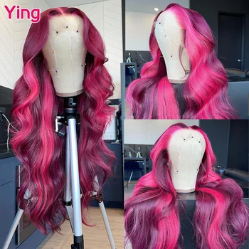 Ying Hair Body Wave 250% Highlight Розово-Розовый С Темно-Фиолетовым 1 Корень 13x4 Синтетический Парик На Кружеве Бесклеевые Человеческие Волосы, Предварительно Выщипанные
