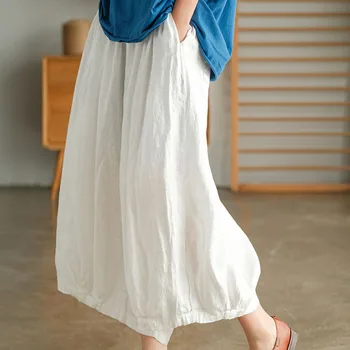 ZOKI/ женские летние свободные бриджи из хлопка и льна большого размера с тонкой эластичной талией, однотонная одежда, широкие брючные юбки для отдыха