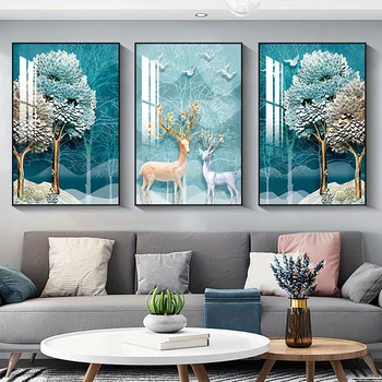Абстрактный скандинавский пейзаж, Плакат с оленем, Золотое дерево Лося, холст, живопись, современные настенные рисунки, принты для интерьера комнаты, домашнего декора.