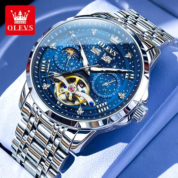 Автоматические механические часы OLEVS Starry Sky Design для мужчин, многофункциональные водонепроницаемые мужские часы со светящейся фазой Луны, оригинальные