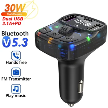 Автомобильный Bluetooth 5.3 FM-передатчик PD Type-C, двойной USB 3.1A, быстрое зарядное устройство, Красочный рассеянный свет, Громкая связь, MP3-плеер