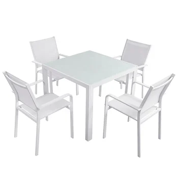 Белый Современный Штабелируемый алюминиевый обеденный гарнитур для кафе Уличная мебель Садовый квадратный стол 4 стула