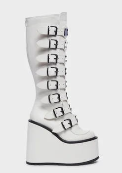 Белый декор с несколькими пряжками, Сапоги на толстом каблуке, Женская обувь на платформе и высоком каблуке, новинка 2023 года, Zapatos Para Mujere большого размера
