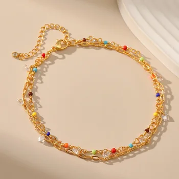 Богемные цветные рисовые бусины, многослойная цепочка с покрытием из 18-каратного золота, ножной браслет в этническом стиле для женщин, Ножные браслеты с геометрическими подвесками из кристаллов