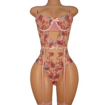 Боди с цветочной вышивкой BORONZZY, женское кружевное сексуальное облегающее белье без рукавов, сетчатое боди, комплект верхних чулок
