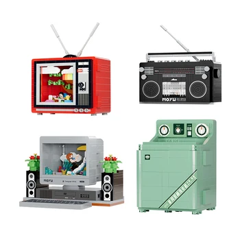 Бытовая техника в стиле ретро, строительные блоки, Классический цветной телевизор, радиомагнитофон, компьютер, мини-кирпичи, фигурки, игрушки для коллекции, подарок