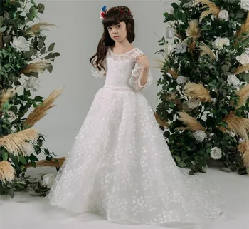 Великолепные Белые платья цвета слоновой кости для Первого Причастия с длинным шлейфом, кружевное платье принцессы-цветочницы с длинным рукавом, детское Рождественское платье