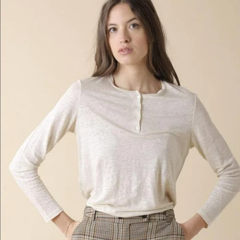 Весенне-летняя женская футболка с длинными рукавами и простым воротником Хенли из 100% льна, выстиранная, 2023 года