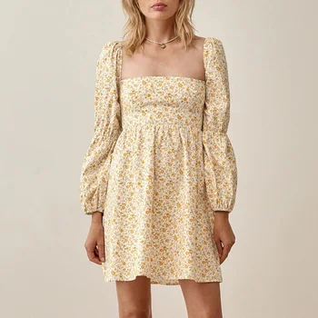 Весенне-осенняя одежда 2021, модное женское мини-платье с квадратным вырезом и цветочным принтом, двойное пышное платье с длинным рукавом Empire Sweet Babydoll Dress