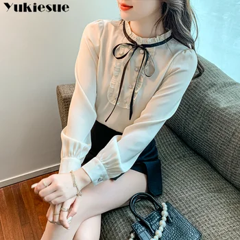 Весенние Корейские блузки с длинными рукавами и оборками, элегантная женская блузка в стиле ретро, шифоновые рубашки с воротником-стойкой, утонченный эстетизм