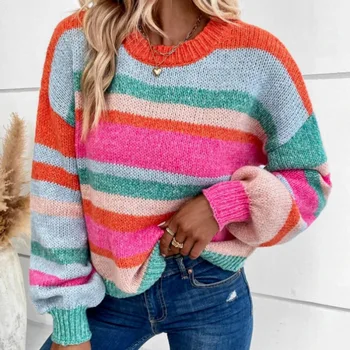 Весной и осенью Новый свитер 2023, пуловер с круглым вырезом в радужную полоску, Вязаный Женский Красочный