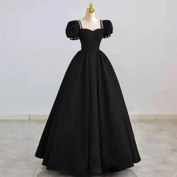 Винтажное Черное атласное платье для выпускного вечера во французском стиле Без бретелек с пышными рукавами и квадратным воротником, Простые вечерние платья для свадебной вечеринки