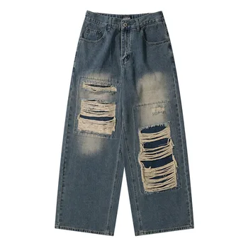 Винтажные мешковатые джинсовые брюки в стиле хип-хоп, рваные синие свободные джинсовые брюки Harakuju, брюки Оверсайз для мужчин