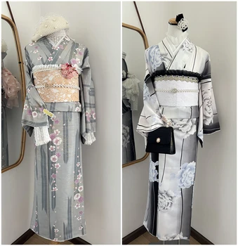 Высококачественное Японское Женское Традиционное Кимоно С Принтом Пиона и Вишни в цвету Ретро