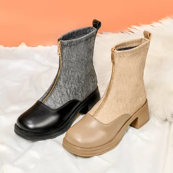 Высококачественные Женские ботинки на массивном каблуке с застежкой-молнией спереди, зимние Модные ботинки с квадратным носком смешанных цветов на коротком и высоком каблуке