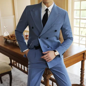 Высококачественные мужские костюмы из 2 предметов, Деловой двубортный мужской комплект блейзеров в полоску (куртка + брюки), Модный костюм для формального дома