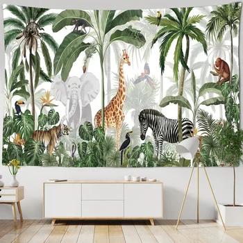 Гобелен с животными тропических джунглей, Зеленое растение, Пальмовые листья, Настенное покрытие, Жираф, Зебра, Фон для гостиной, спальни, ткань для стен