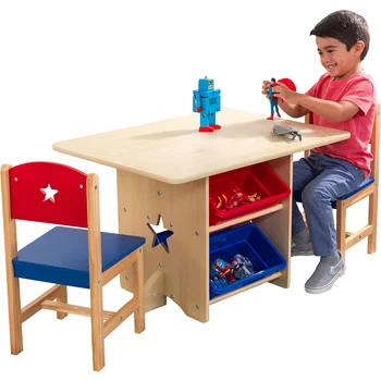 Деревянный стол и стул в виде звезды с 4 ящиками для хранения, детская мебель - красный, синий и натуральный