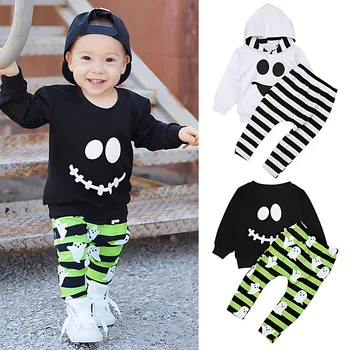 Детская весенне-осенняя одежда для мальчиков с длинными рукавами на Хэллоуин, улыбающееся лицо, детская одежда в полоску из двух предметов, детские комплекты