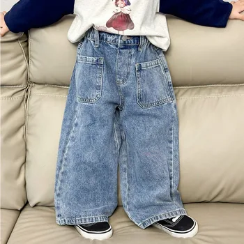 Детская одежда Для девочек в Корейском стиле, Модные Свободные Широкие джинсы 2023, Весна-осень, Новые Повседневные универсальные Простые брюки