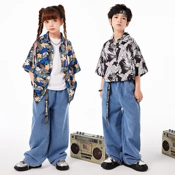 Детская одежда для выступлений в стиле хип-хоп, рубашка с коротким рукавом и принтом, джинсовые брюки, костюм для уличных танцев Для мальчиков, джазовые наряды для групповых выступлений для девочек