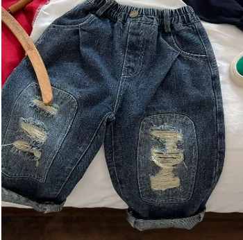 Детские брюки 2024, Весенние Новые Рваные джинсы с заплатками Для мальчиков и девочек, Детские Прямые брюки в стиле ретро