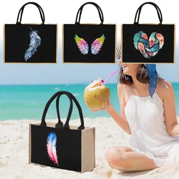 Джутовая сумка, сумки через плечо, мешки с имитацией джута, льняные сумки, женская сумка для покупок, дизайнерские ламинированные сумки, красивое перо