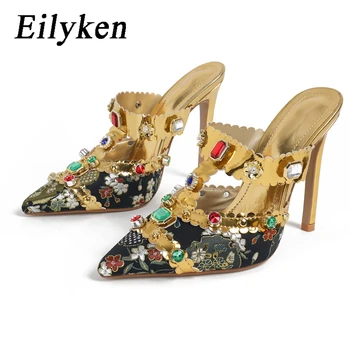 Дизайн Eilyken, Женские туфли-лодочки с Золотыми Кристаллами, Пикантные Туфли-Шлепанцы С Острым Носком, Открытые Туфли-Шлепанцы На Тонком Высоком Каблуке, Zapatillas De Mujer