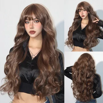 Длинные синтетические парики с объемной волной Темно-коричневый волнистый парик с челкой Шоколадно-каштановые волосы для женщин, полный парик, термостойкий для ежедневного использования