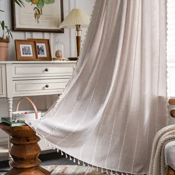 Европа Однотонная хлопковая льняная занавеска с вышивкой для гостиной, спальни, кухни Обработка окон на заказ марлевая полупрозрачная