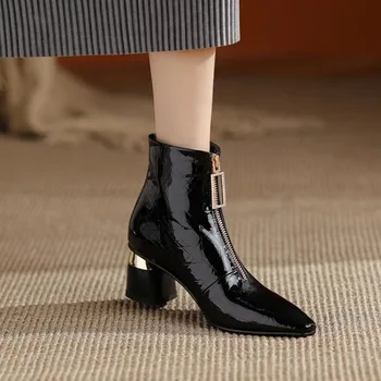 Женская обувь 2023, Высококачественные женские ботинки на молнии спереди, осенние модные ботинки с острым носком, однотонные, лаконичные, с коротким бочком на среднем каблуке