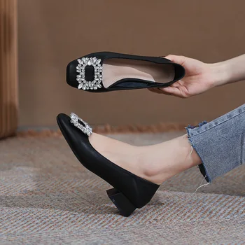 Женская обувь 2023, повседневные женские кроссовки, сабо на платформе, квадратный носок, туфли-лодочки со стразами, пряжка из натуральной кожи с мелким вырезом, New Creeper