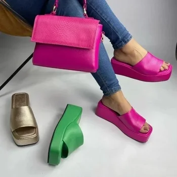 Женская обувь 2024, Летние тапочки на платформе с квадратным носком, женские однотонные тапочки в стиле лолиты, женские пляжные тапочки на толстом каблуке.