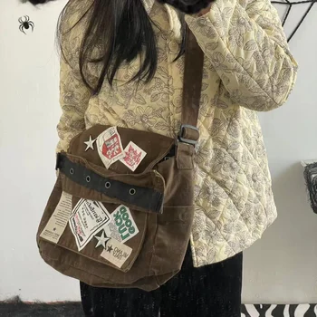 Женская сумка через плечо Y2k, холщовая нашивка со звездой, студенческие школьные сумки-мессенджеры, повседневная книжная упаковка, американская мода, ретро Женские сумки