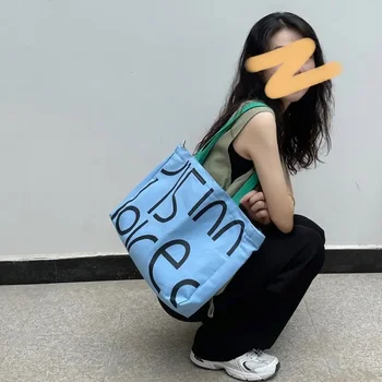 Женская сумка через плечо из холста большой емкости с буквенным принтом в корейском стиле Ins, ретро-универсальная студенческая сумка-тоут, хозяйственная сумка