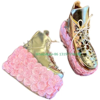 Женские золотые сапоги ручной работы с розами ручной работы на шнуровке на платформе с металлическим дизайном, розовые сапоги из телячьей кожи в стиле панк Mary Janes, размер