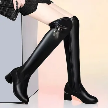 Женские кожаные эластичные ботинки, женские плюшевые длинные ботинки, осень-зима, сапоги выше колена на толстом каблуке, Рыцарские ботфорты без застежки